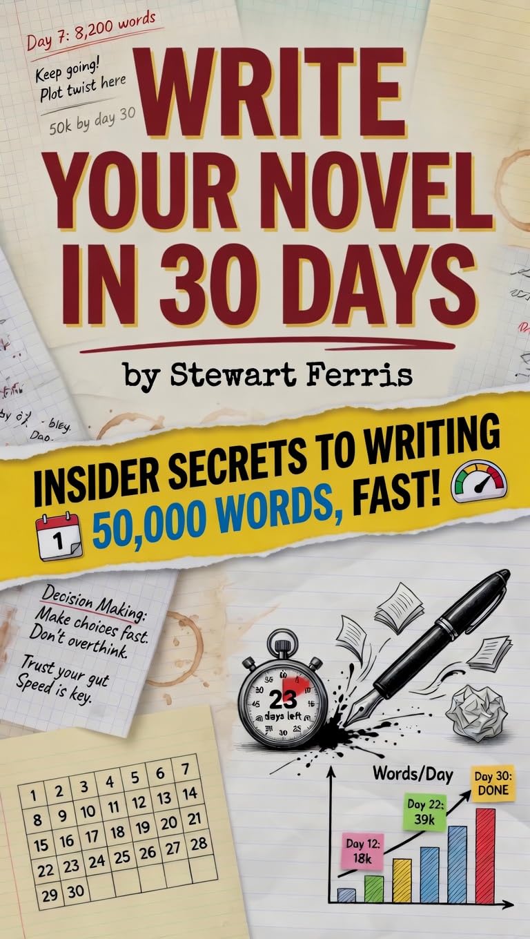 Cover of Write Your Novel in 30 Days by Stewart Ferris, cream paper with a vintage typewriter